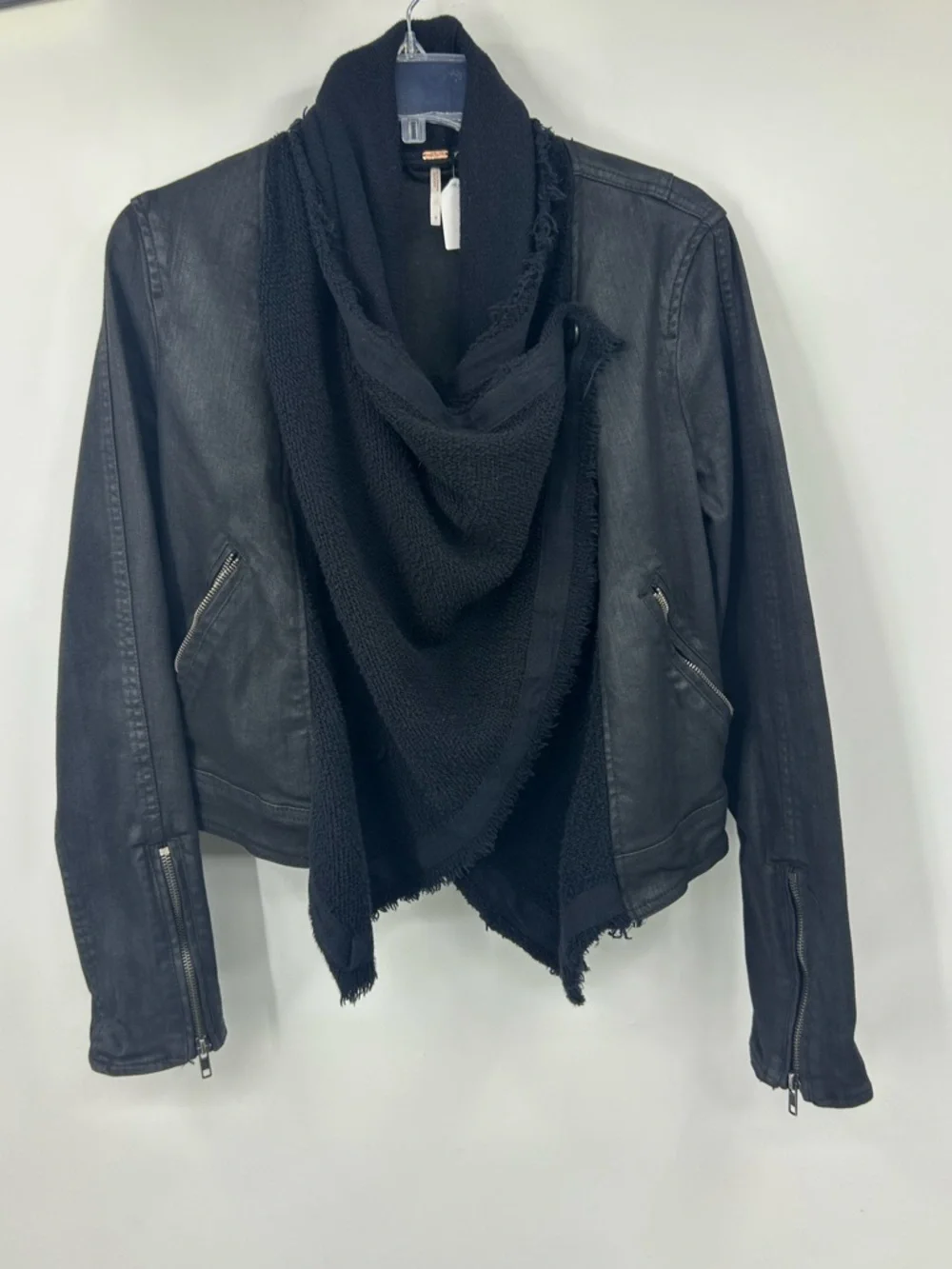 Free People Coated Black Moto Jacket Waterfall Drape Front Zip Cuffs Size 4
